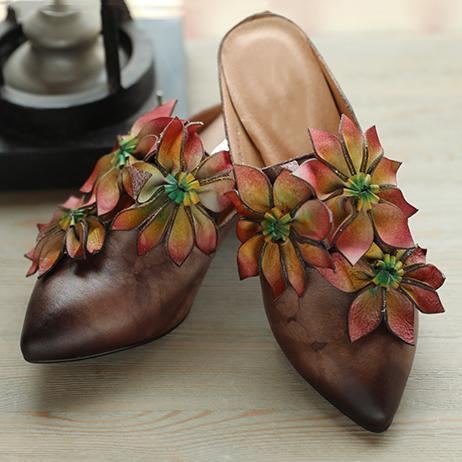 Blommor Retro Almond Toe Chunky Heels Tofflor 35-41