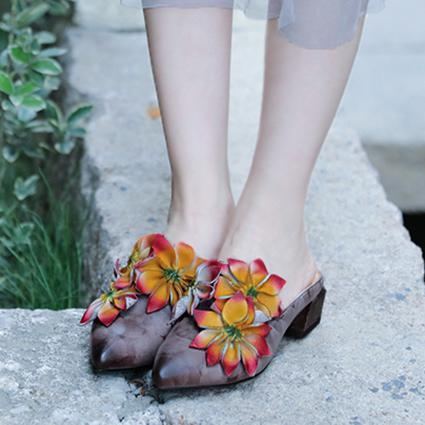 Blommor Retro Almond Toe Chunky Heels Tofflor 35-41