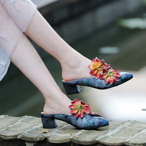 Blommor Retro Almond Toe Chunky Heels Tofflor 35-41