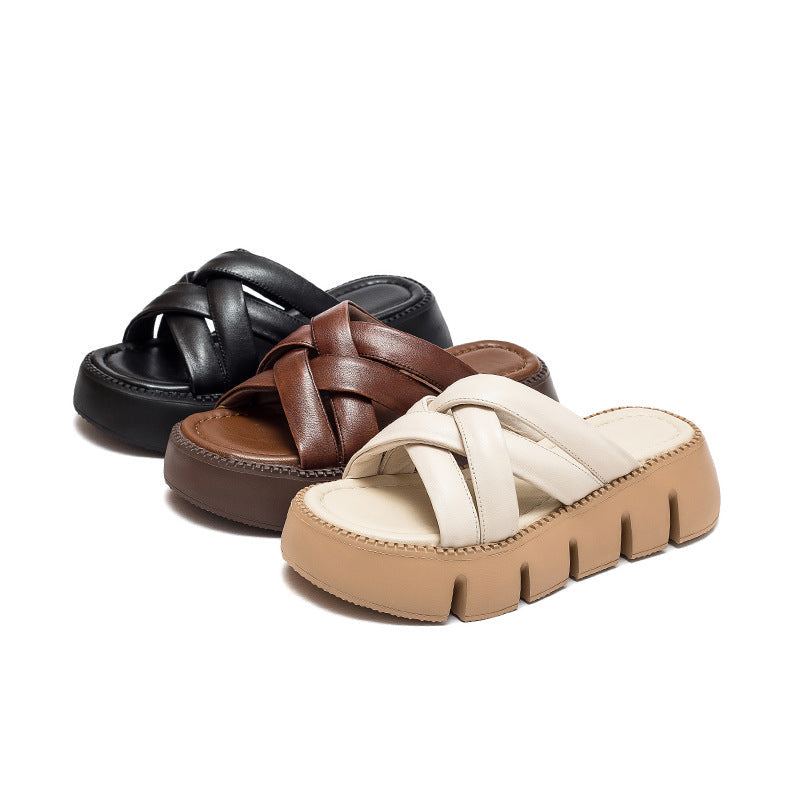 Dam Sommar Retro Flätade Läder Wedge Casual Tofflor