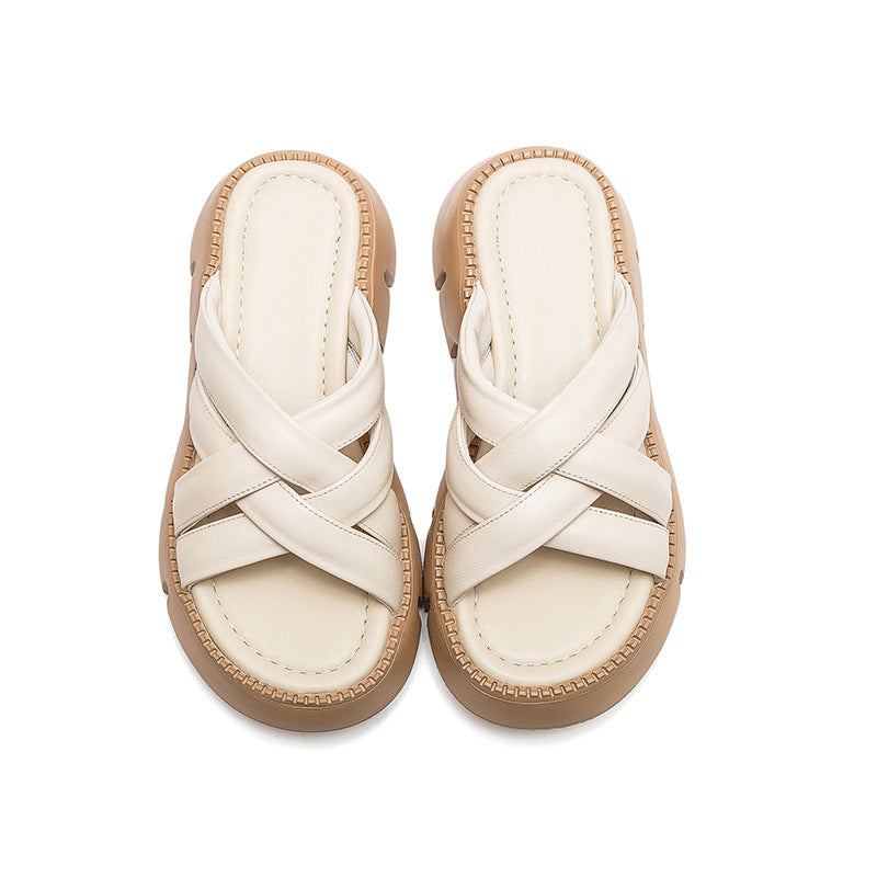 Dam Sommar Retro Flätade Läder Wedge Casual Tofflor