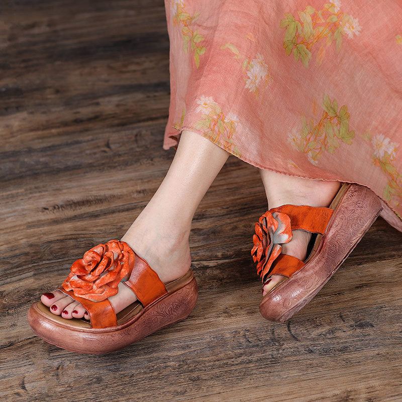 Dam Sommar Vintage Läder Floral Platform Tofflor