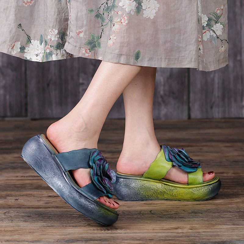 Dam Sommar Vintage Läder Floral Platform Tofflor