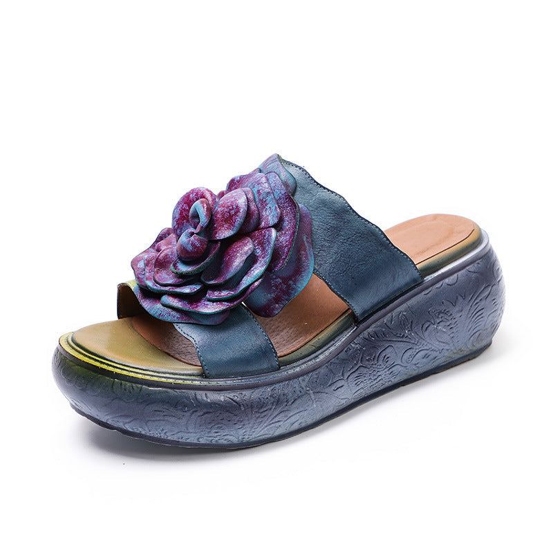 Dam Sommar Vintage Läder Floral Platform Tofflor