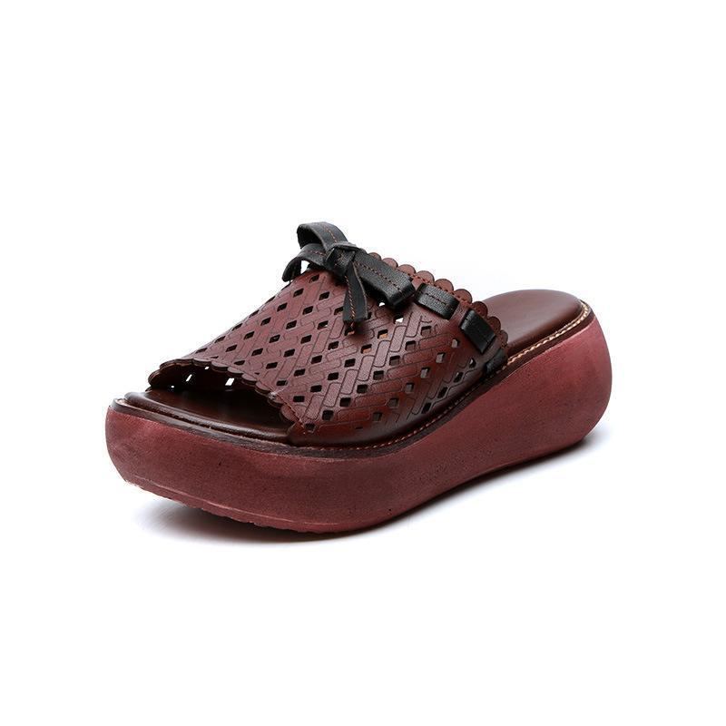 Läder Vintage Hollow Out Wedge Dam Casual Tofflor