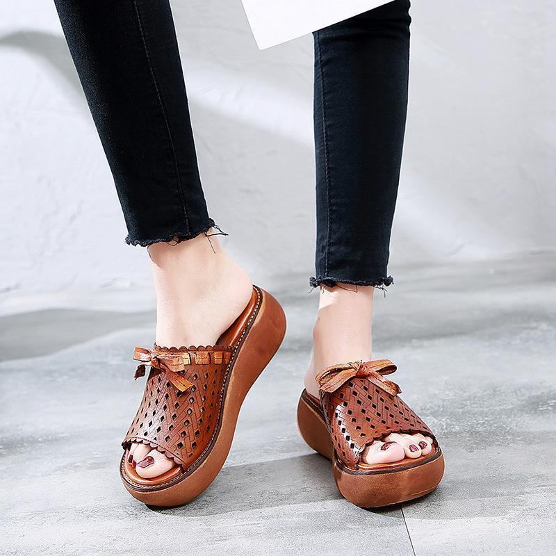 Läder Vintage Hollow Out Wedge Dam Casual Tofflor