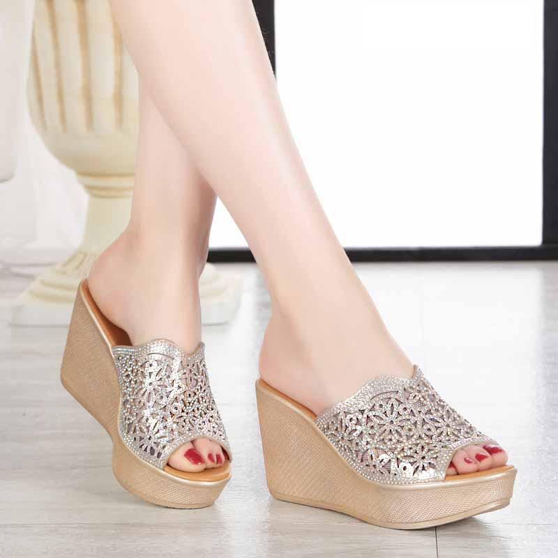 Rhinestone High Slope Heel Halkfria Sandaler Och Tofflor Stl 11 September