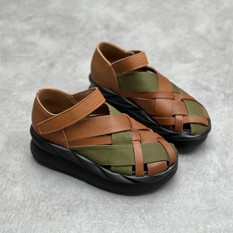 Dam Sommar Retro Läder Canvas Flätade Sandaler