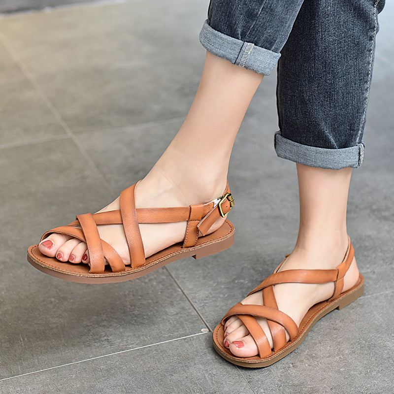 Dam Sommar Retro Läder Strappy Sandaler