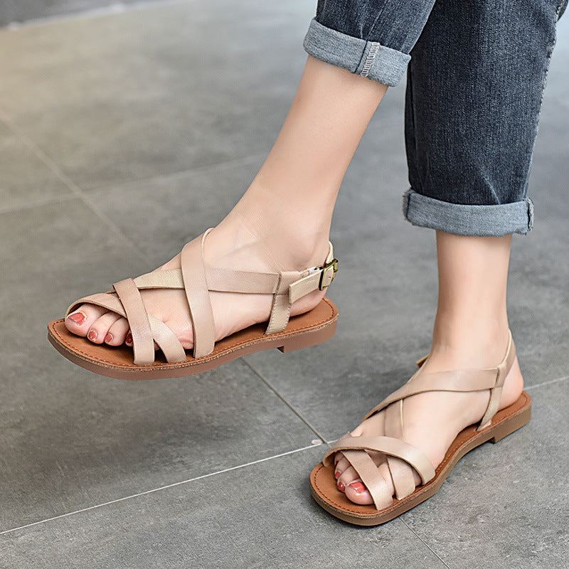 Dam Sommar Retro Läder Strappy Sandaler