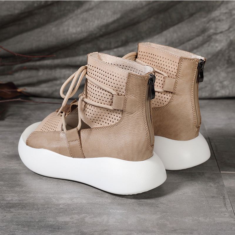 Dam Sommar Vintage Hollow Läder Platform Sandaler