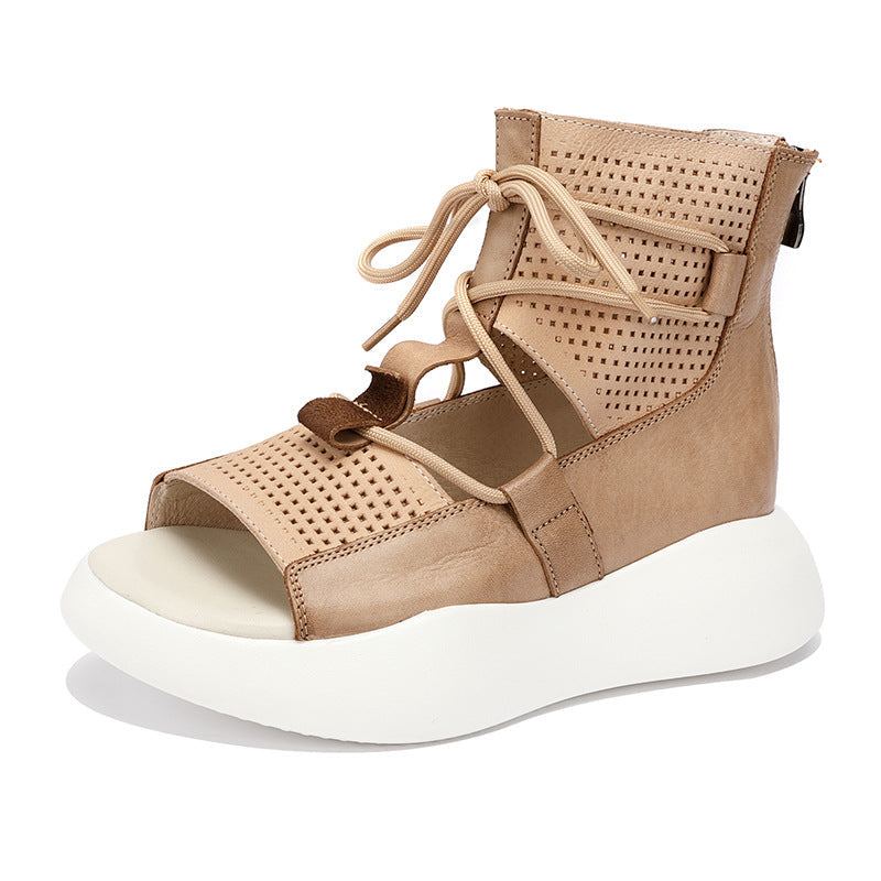 Dam Sommar Vintage Hollow Läder Platform Sandaler