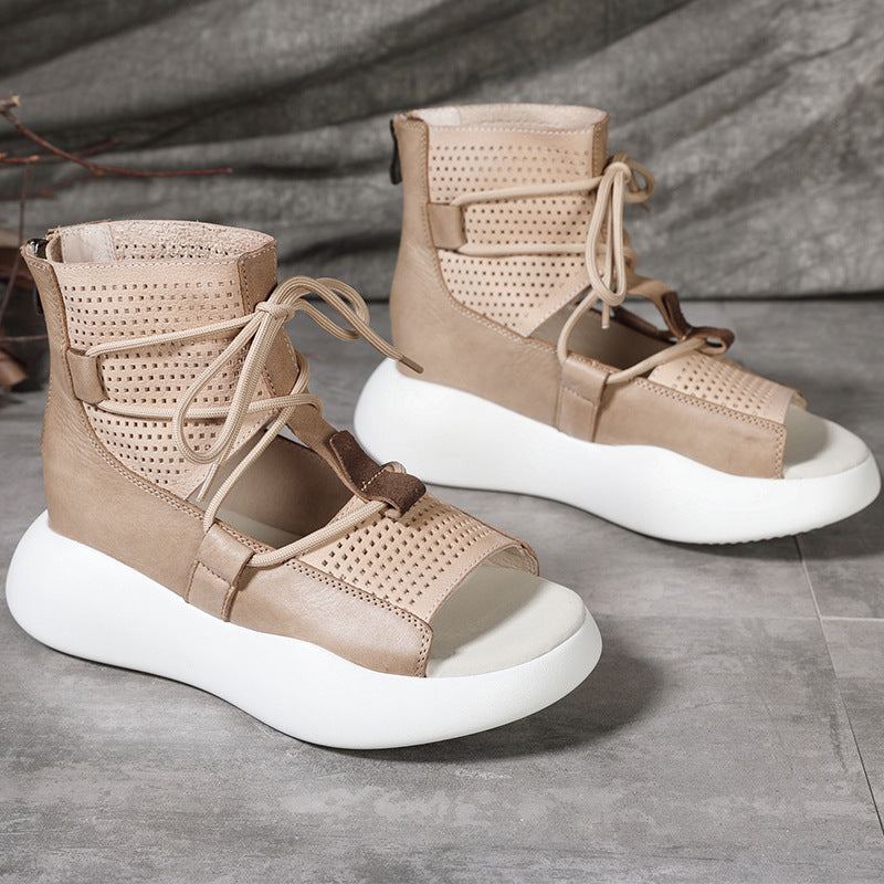 Dam Sommar Vintage Hollow Läder Platform Sandaler