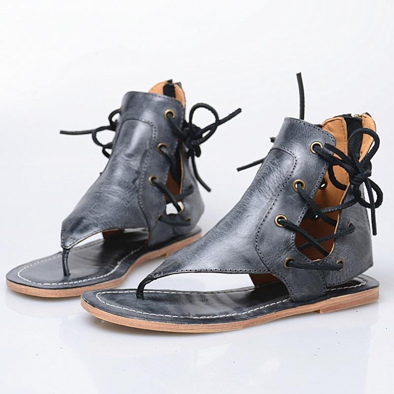 Kvinnor Sommar Clip Toe Lace Up Retro Platta Skor Sandaler