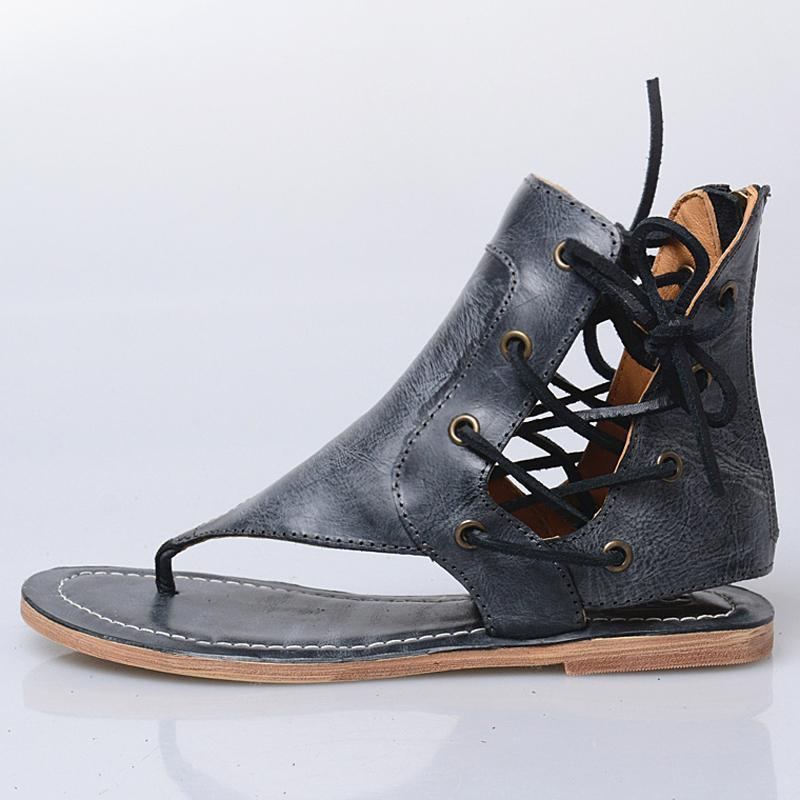 Kvinnor Sommar Clip Toe Lace Up Retro Platta Skor Sandaler