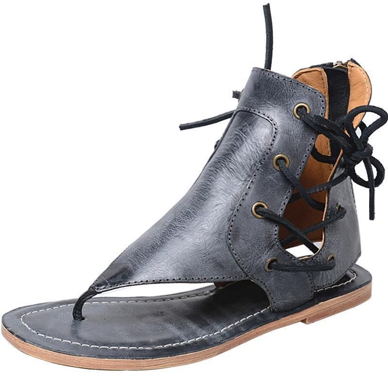 Kvinnor Sommar Clip Toe Lace Up Retro Platta Skor Sandaler