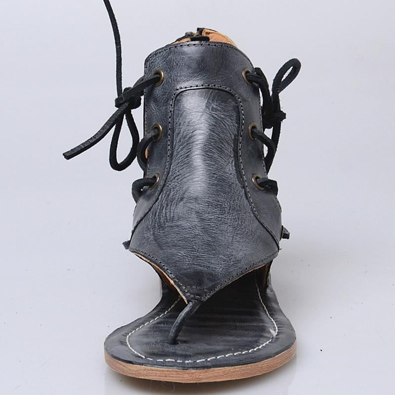 Kvinnor Sommar Clip Toe Lace Up Retro Platta Skor Sandaler