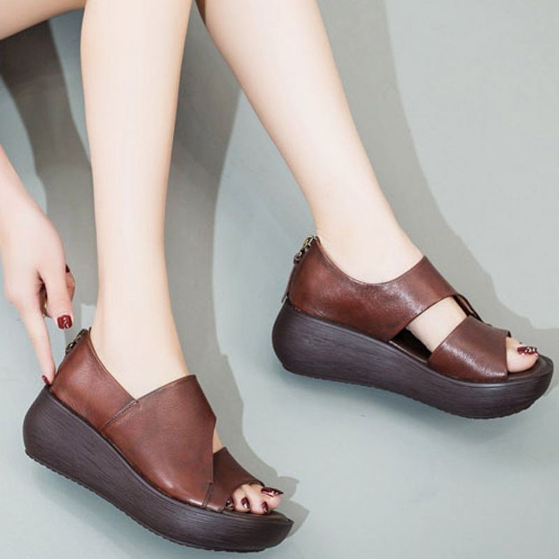 Peep Toe Wedge Casual Lädersandaler