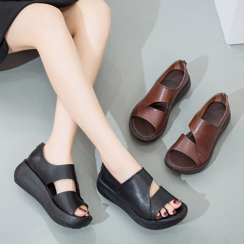 Peep Toe Wedge Casual Lädersandaler