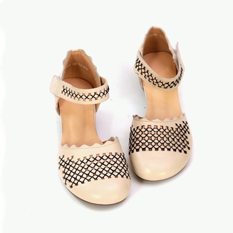 Retro Casual Wedge Läder Ihåliga Sandaler