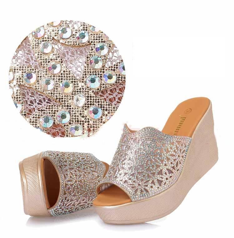 Rhinestone High Slope Heel Halkfria Sandaler Och Tofflor Stl 11 September