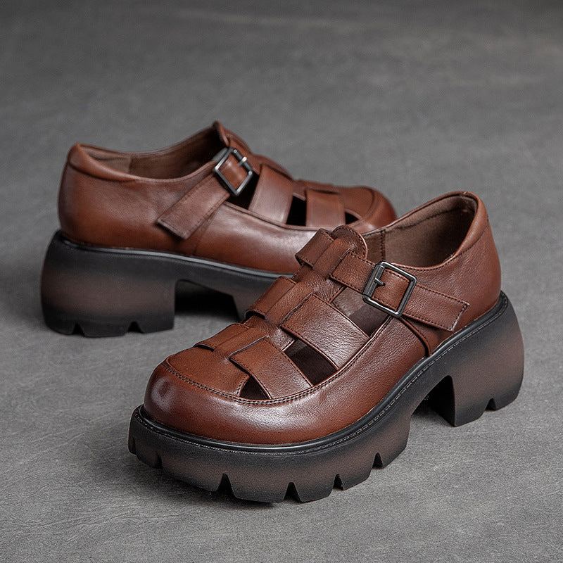 Summer Vintage Läder Hollow Kardborre Casual Sandaler