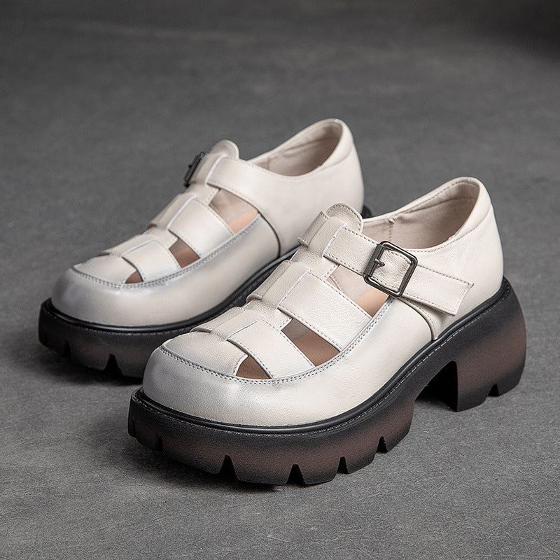 Summer Vintage Läder Hollow Kardborre Casual Sandaler