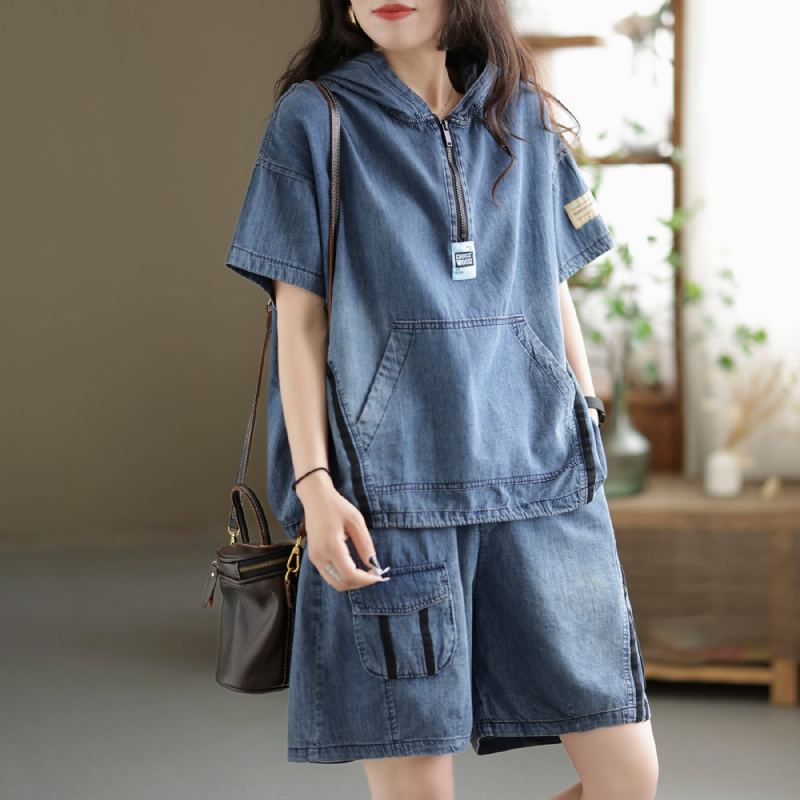 Sommar Kvinnor Retro Patchwork Denim Set