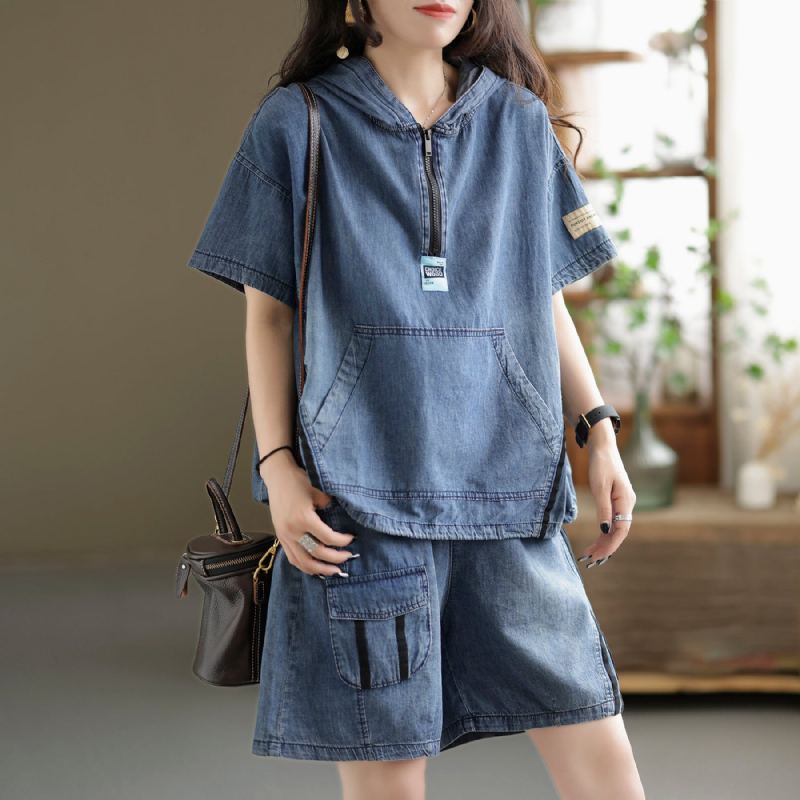 Sommar Kvinnor Retro Patchwork Denim Set