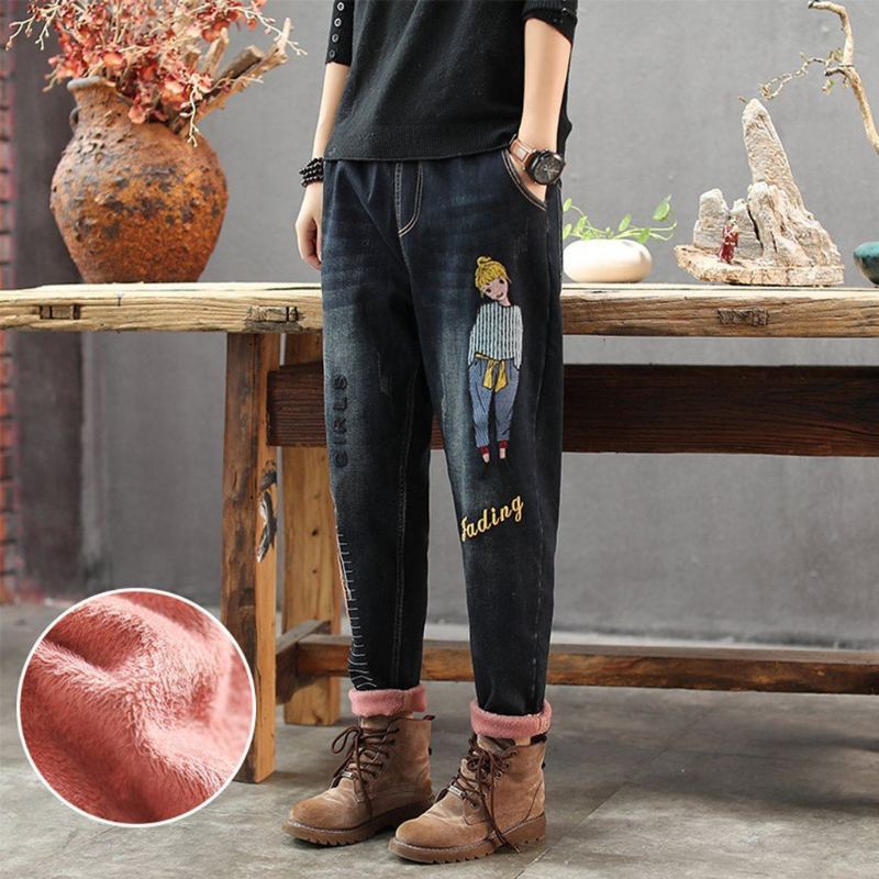 Cartoon Pattern Washed Jeans