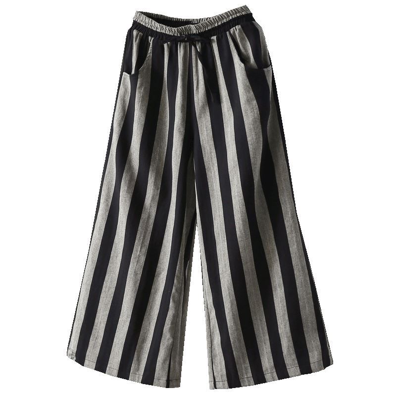 Casual Retro Bomull Linne Stripe Byxor Med Vida Ben