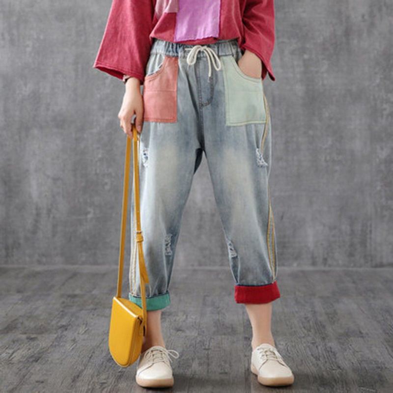 Color Block Elastisk Midja Ragged Leisure Ninth Pants