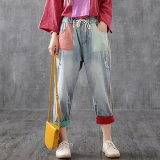 Color Block Elastisk Midja Ragged Leisure Ninth Pants