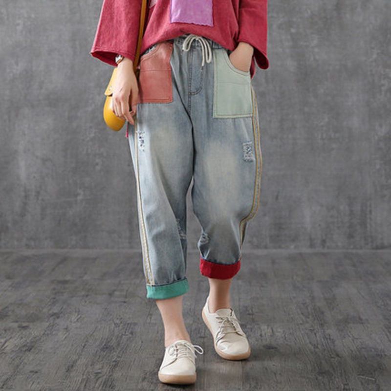 Color Block Elastisk Midja Ragged Leisure Ninth Pants