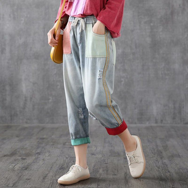 Color Block Elastisk Midja Ragged Leisure Ninth Pants