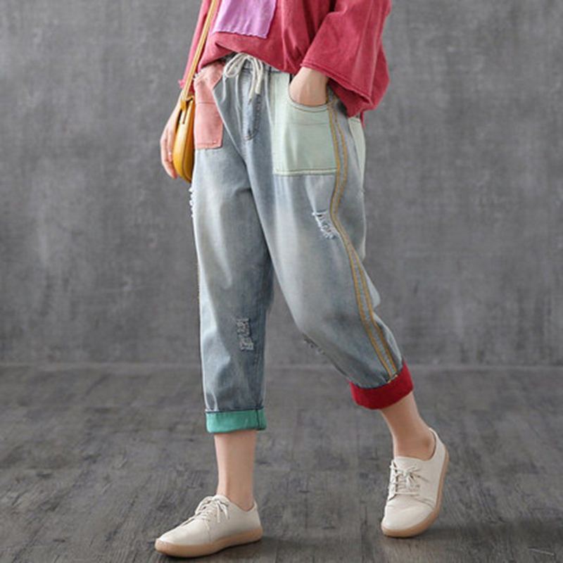 Color Block Elastisk Midja Ragged Leisure Ninth Pants