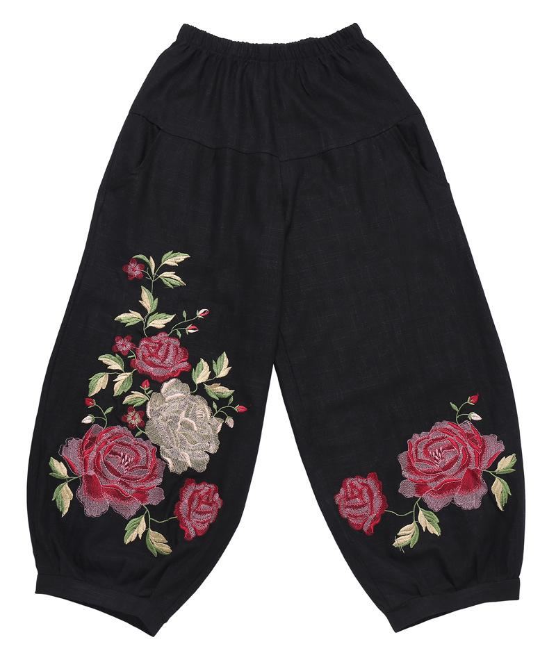 Dam Retro Broderade Bloomers Byxor Med Elastisk Midja Vid Ben