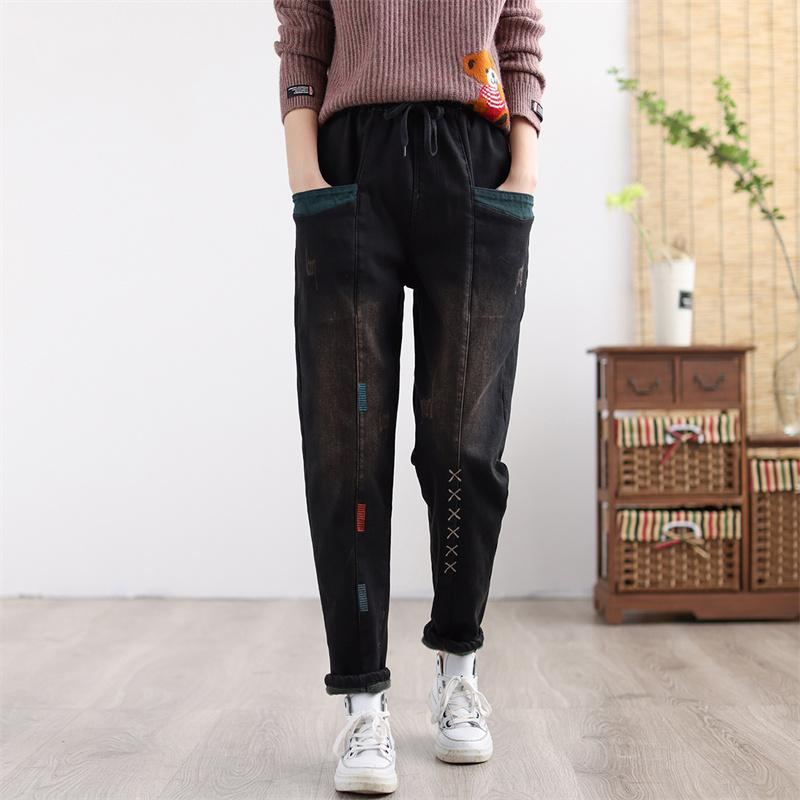 Dam Vinter Thicken Retro Broderade Patchwork Elastiska Jeans