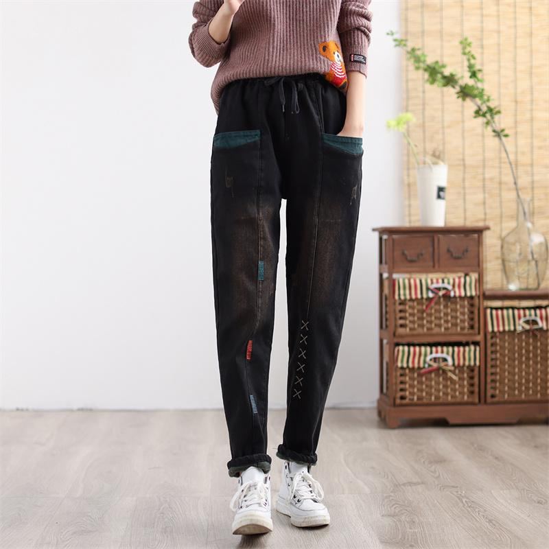 Dam Vinter Thicken Retro Broderade Patchwork Elastiska Jeans