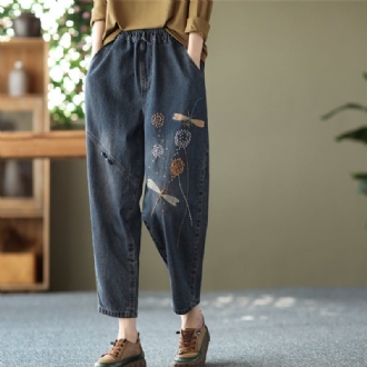 Damer Lös Våren Retro Dragonfly Broderi Bomullsjeans