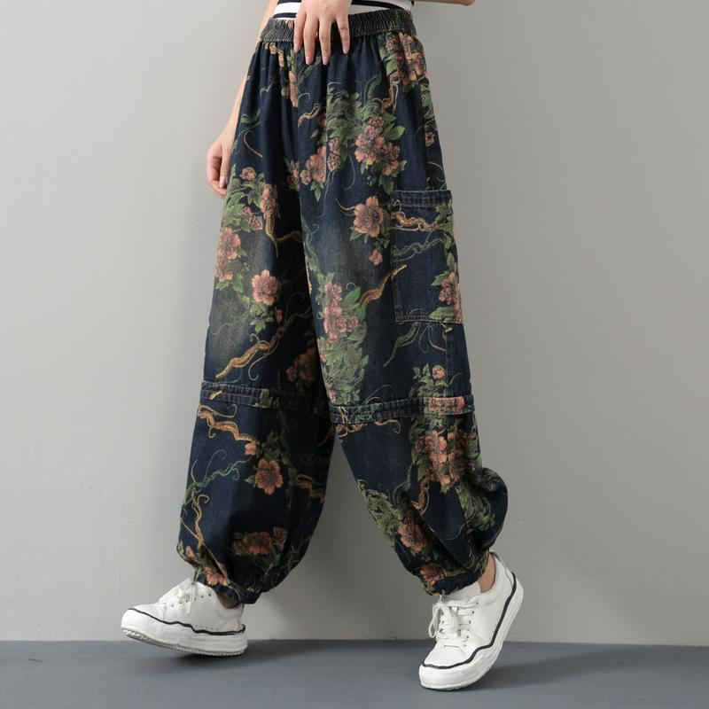 Damer Retro Blommig Print Bomull Jeansbyxor