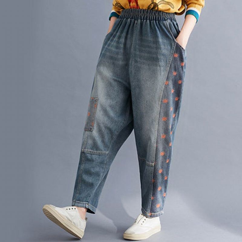 Elastisk Midja Patchwork Denim Harem Byxor