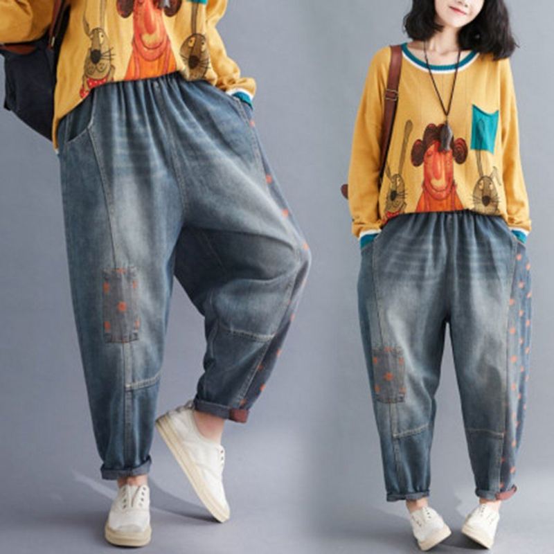 Elastisk Midja Patchwork Denim Harem Byxor