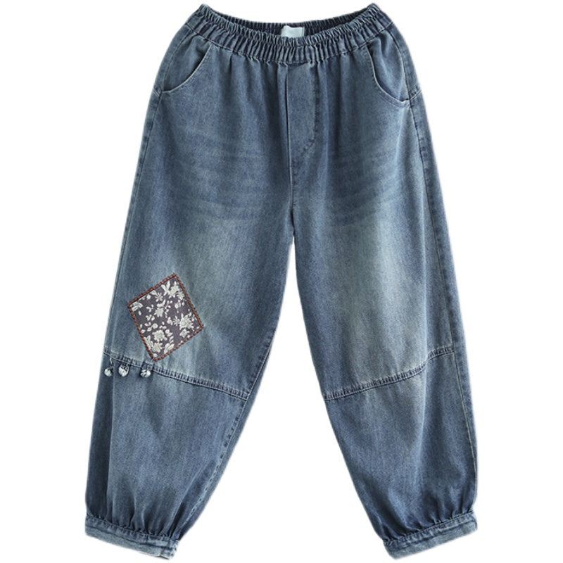 Kvinnor Vår Retro Broderi Lösa Bomullsjeans