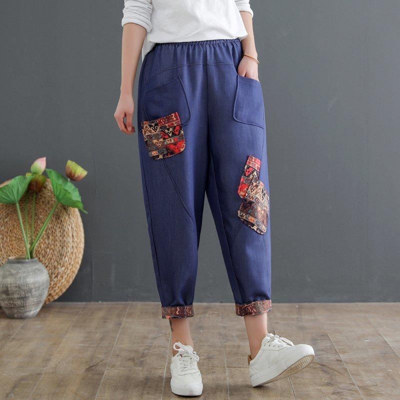 Mom's Cotton Linne Plus Size Denim Harem Byxor