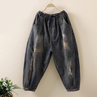 Plus Size Denim Lösa Haremsbyxor Dam