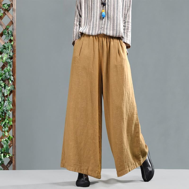 Retro Bomull Linne Dam Casual Wide Leg Byxor