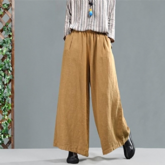 Retro Bomull Linne Dam Casual Wide Leg Byxor