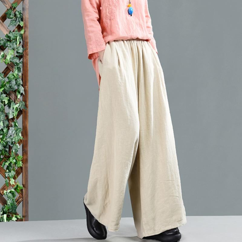 Retro Bomull Linne Dam Casual Wide Leg Byxor