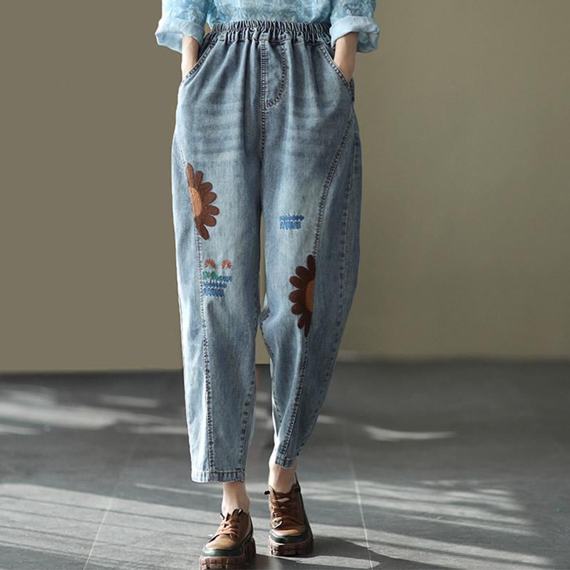 Retro Broderade Loose Harem Jeansbyxor